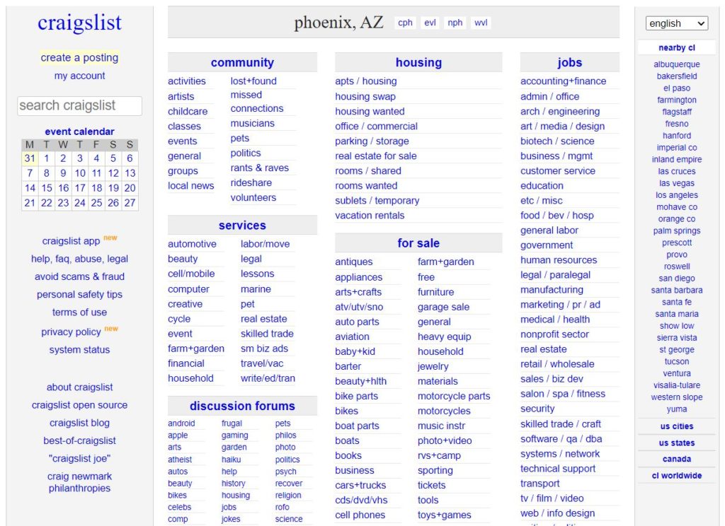 Craigslist Phoenix Most Frequently Viewed Local Classifieds Label